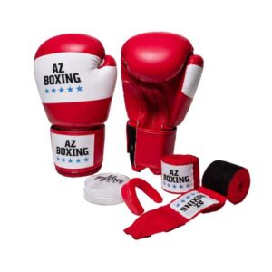 kit de boxe pour débutant couleur rouge, comprenant gants de boxe, protège dents et bandes